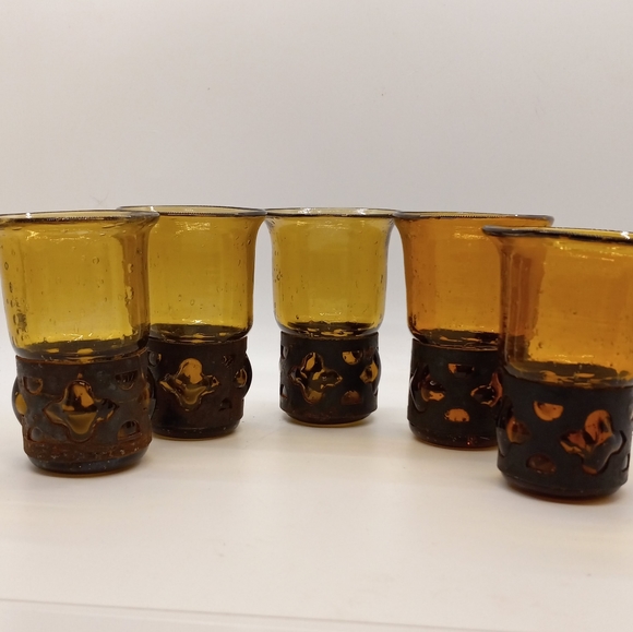 FIVE • 3 ⅝ INCH TALL HANDMADE VINTAGE BLOWN GLASS RUSTIC AMBER CANDLE HOLDERS